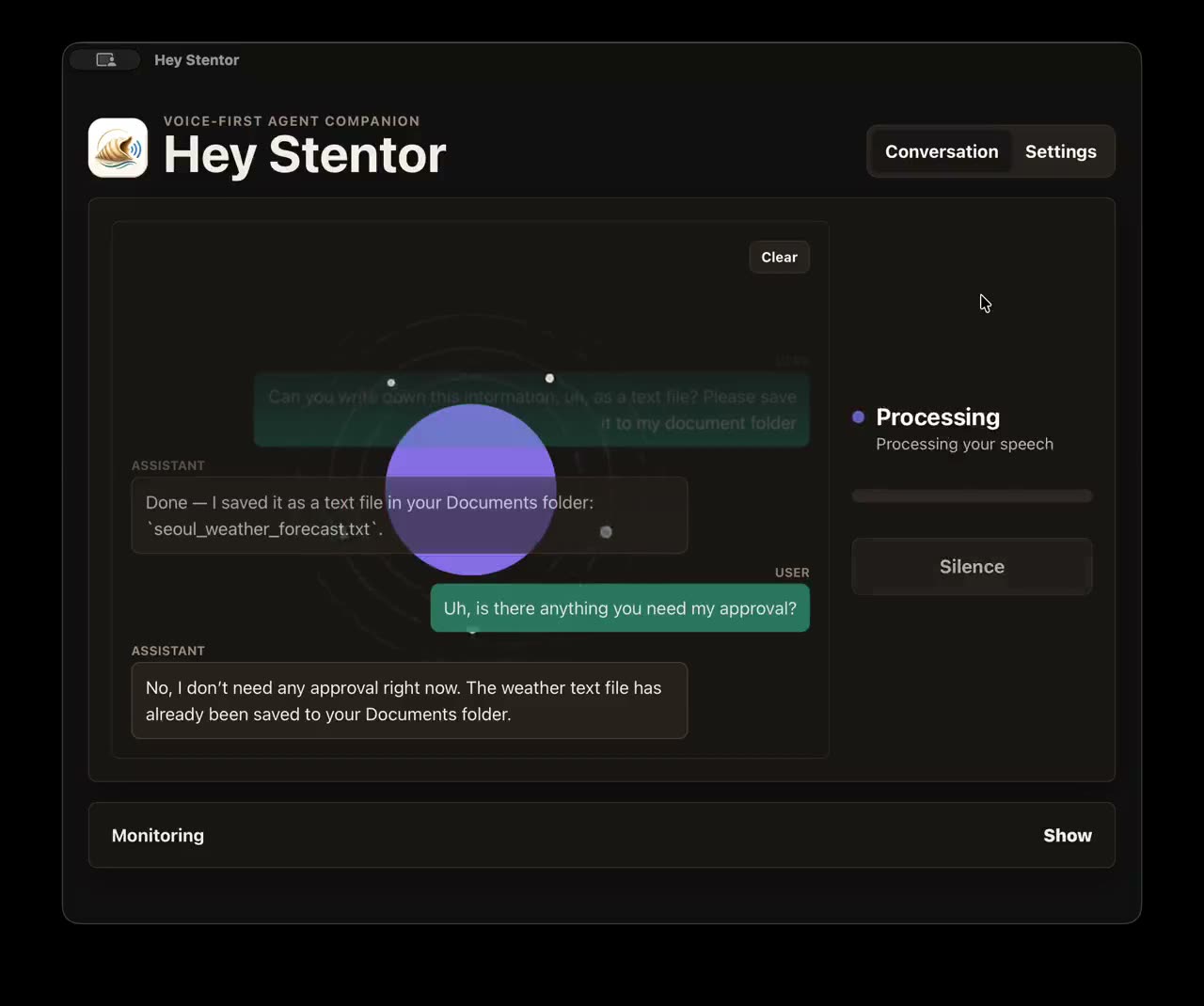 Hey Stentor voice session showing conversational follow-up