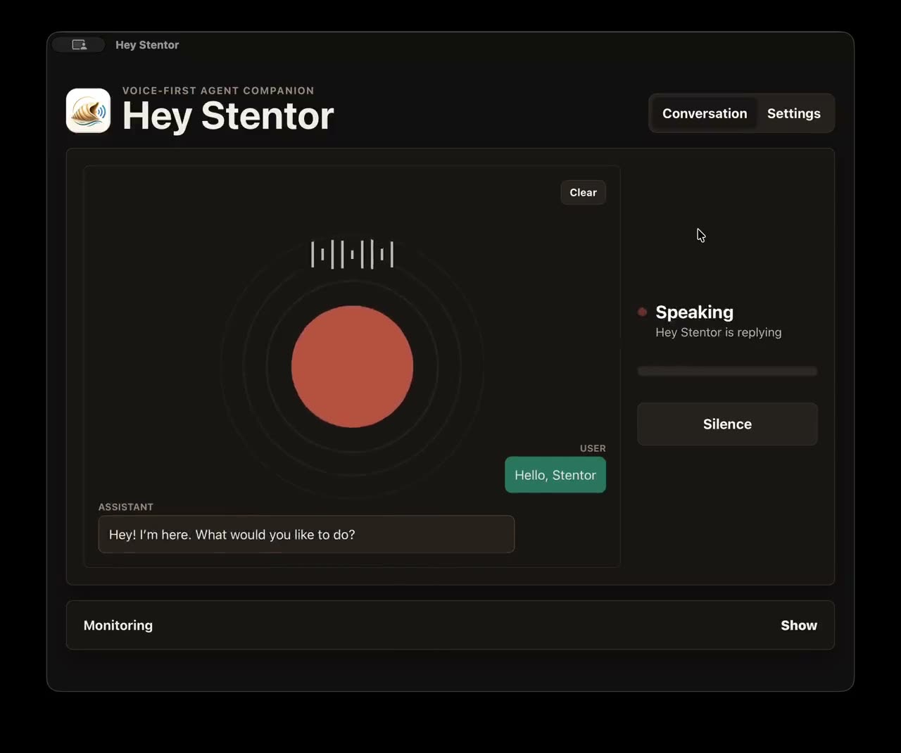 Hey Stentor voice interface connected to a Hermes workflow